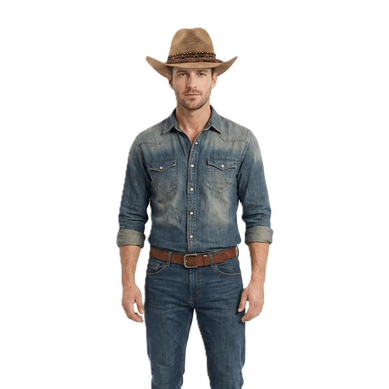 Chapeau cowboy homme en paille naturelle bandeau tressé à franges (3)