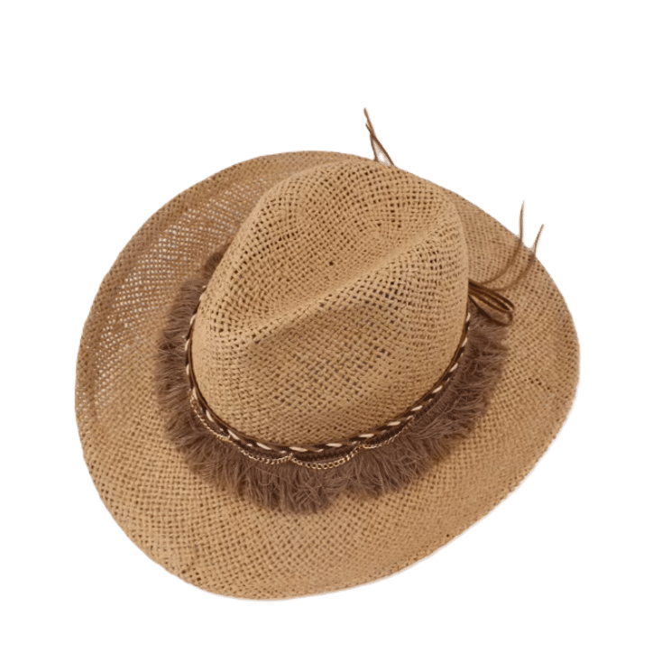 Chapeau cowboy homme en paille naturelle bandeau tressé à franges (4)