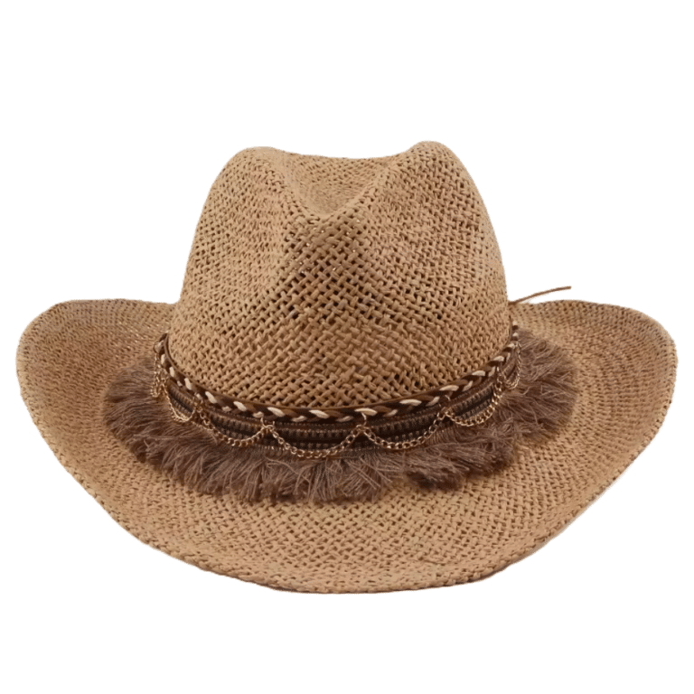 Chapeau cowboy homme en paille naturelle bandeau tressé à franges (8)