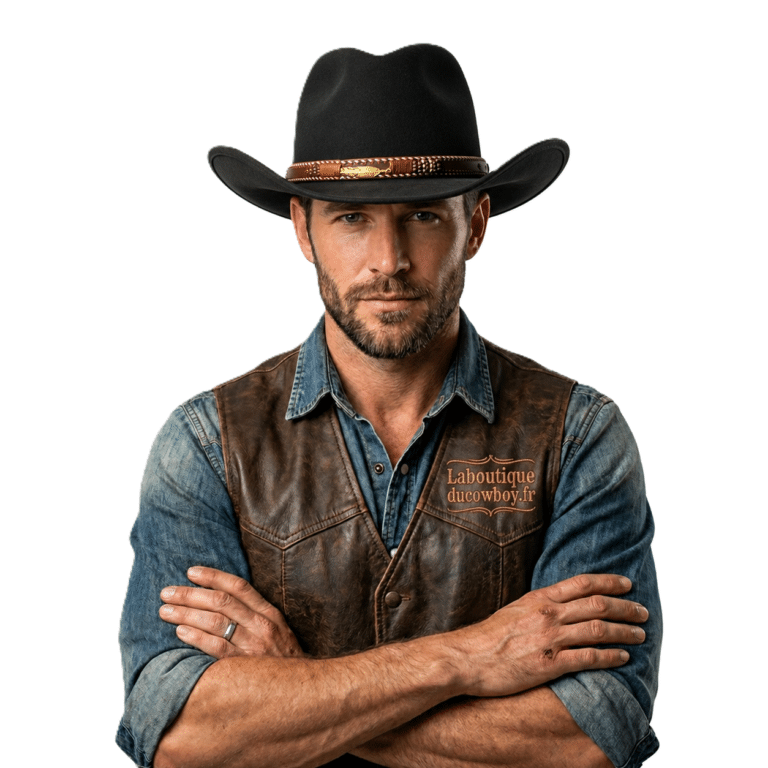 Chapeau cowboy homme feutre noir plume (7)