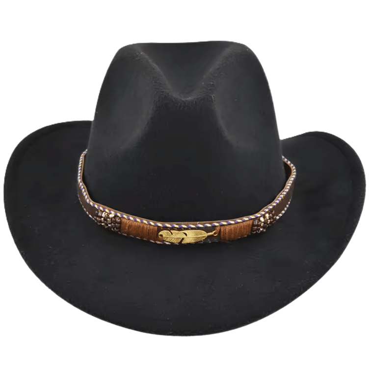 Chapeau cowboy homme feutre noir plume (8)