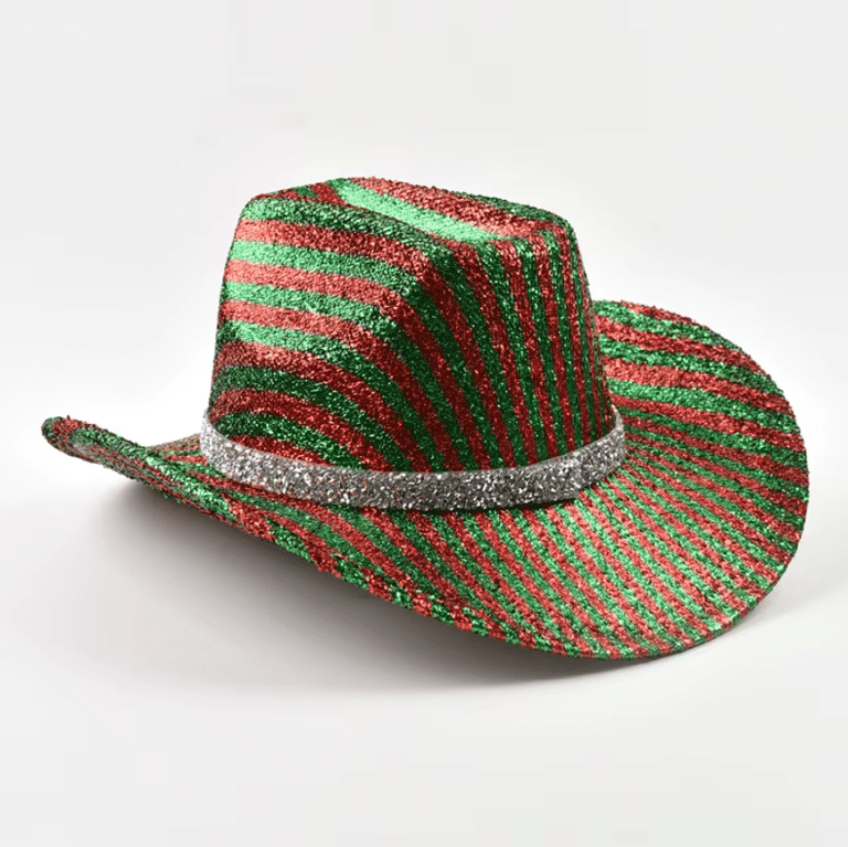 Chapeau festival à paillettes style cowboy rouge et vert (3)