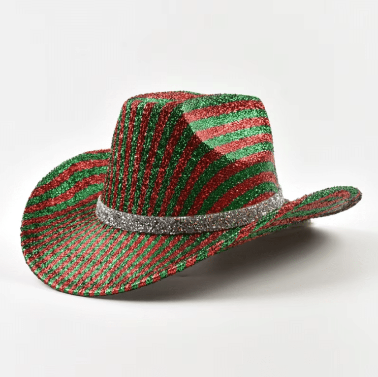 Chapeau festival à paillettes style cowboy rouge et vert (5)