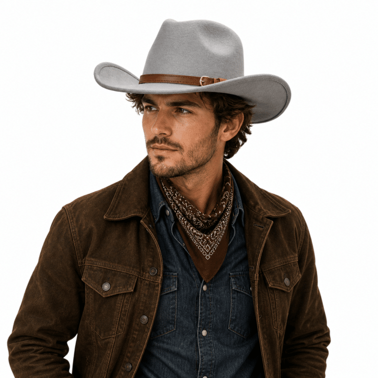 Chapeau western homme feutre gris bandeau marron (2)