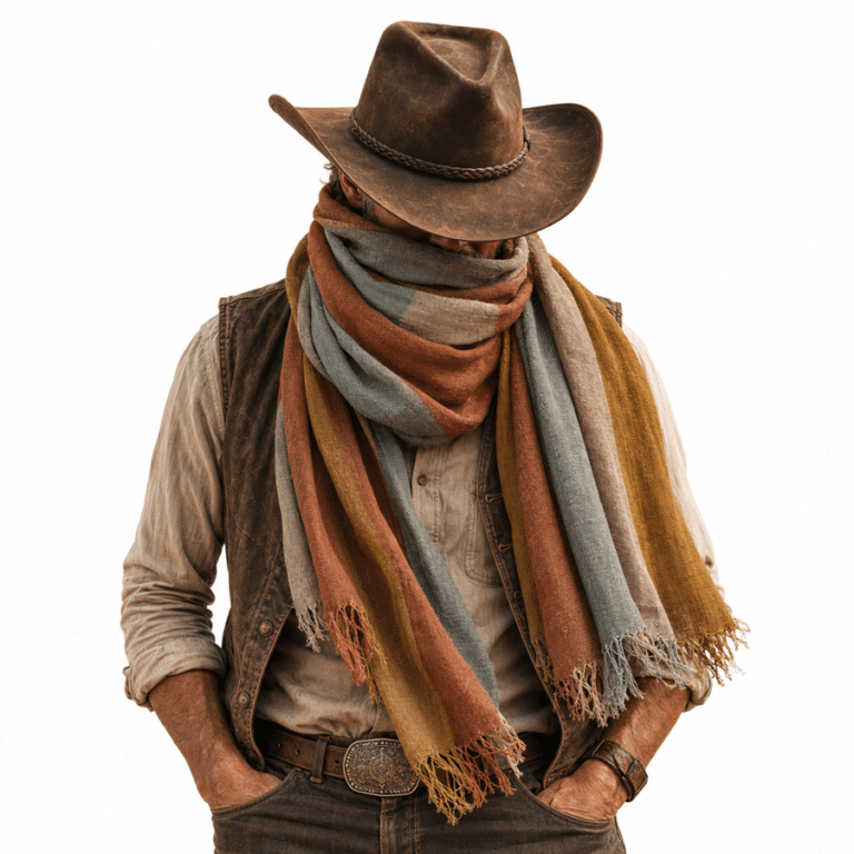 Chèche Far West en lin et coton multicolore à franges (2)