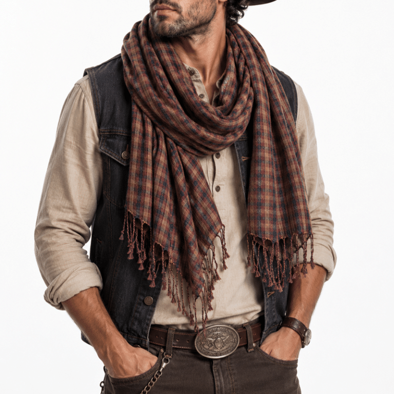 Chèche homme en lin à carreaux vintage western (1)