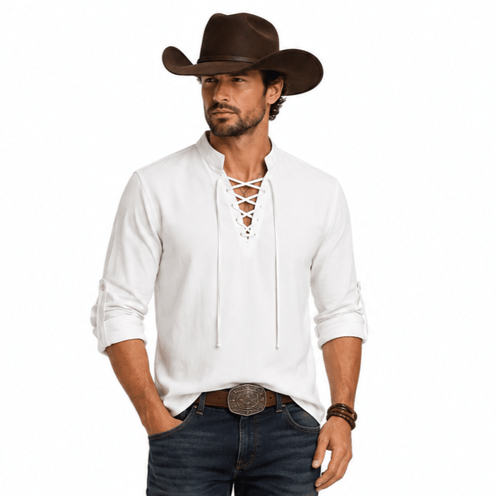 Chemise légère coton lin à lacets style western vintage (2)