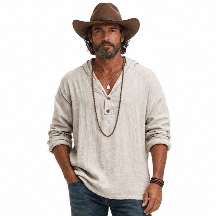 Chemise vintage homme col tunisien décontractée en coton léger (1)
