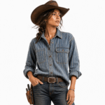 Chemise western femme coton rayée denim vintage