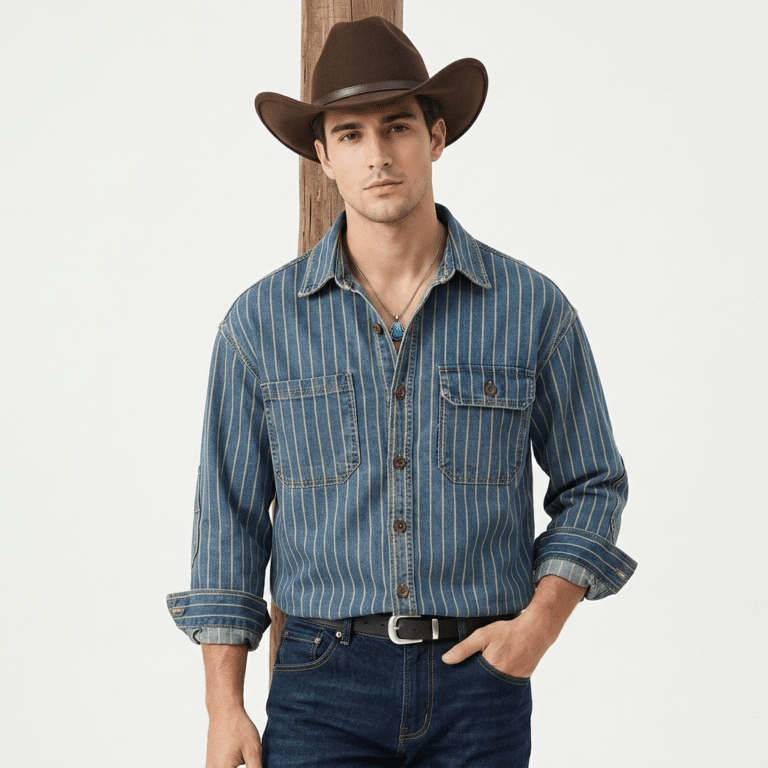 Chemise western homme coton rayée denim vintage