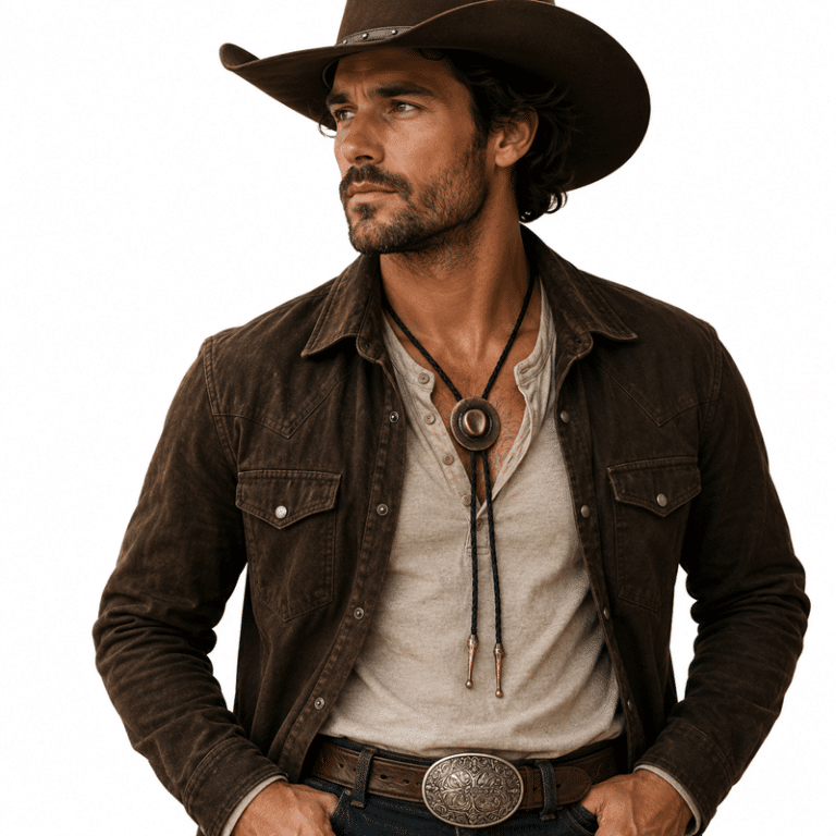 Cravate bolo cowboy tressée médaillon chapeau western vintage (1)