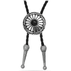 Cravate bolo cowboy tressée médaillon rosace noire