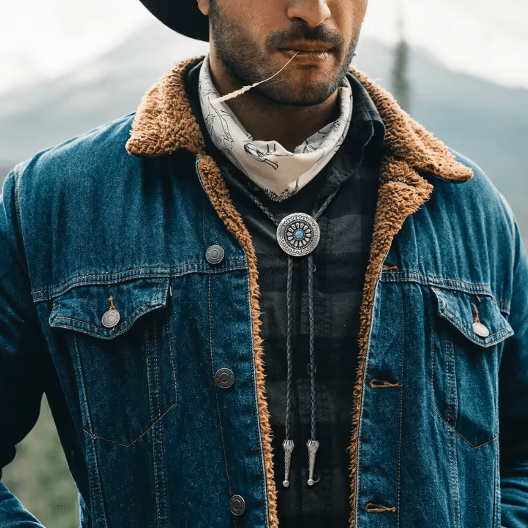 Cravate bolo cowboy tressée médaillon rosace turquoise (1)