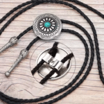 Cravate bolo cowboy tressée médaillon rosace turquoise (3)