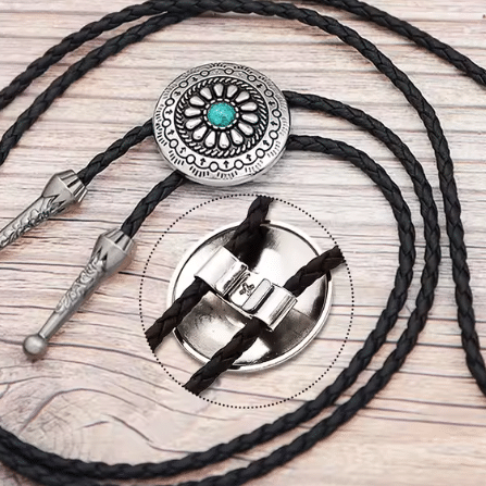 Cravate bolo cowboy tressée médaillon rosace turquoise (3)
