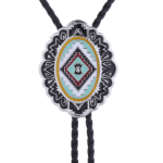 Cravate cowboy bolo tressée motif western turquoise et argenté (1)
