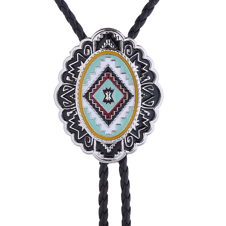 Cravate cowboy bolo tressée motif western turquoise et argenté (1)