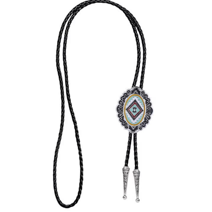 Cravate cowboy bolo tressée motif western turquoise et argenté (2)