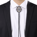 Cravate cowboy bolo tressée motif western turquoise et argenté (3)