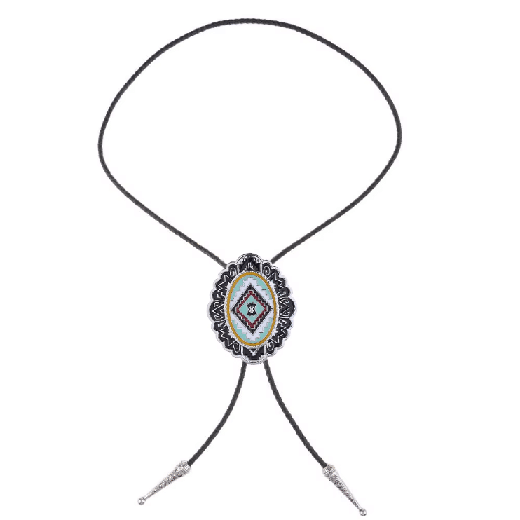 Cravate cowboy bolo tressée motif western turquoise et argenté (4)