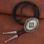Cravate cowboy bolo tressée motif western turquoise et argenté (5)