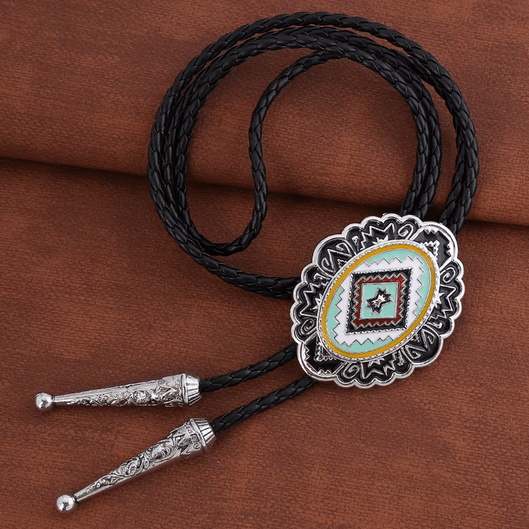 Cravate cowboy bolo tressée motif western turquoise et argenté (5)
