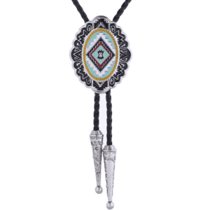 Cravate cowboy bolo tressée motif western turquoise et argenté