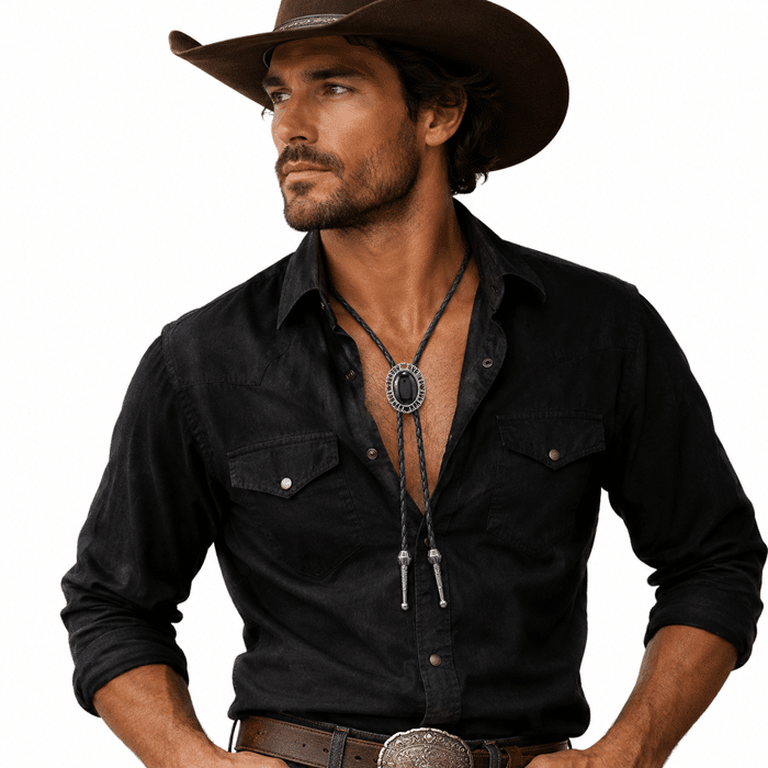Cravate cowboy bolo tressée pierre noir ovale (4)