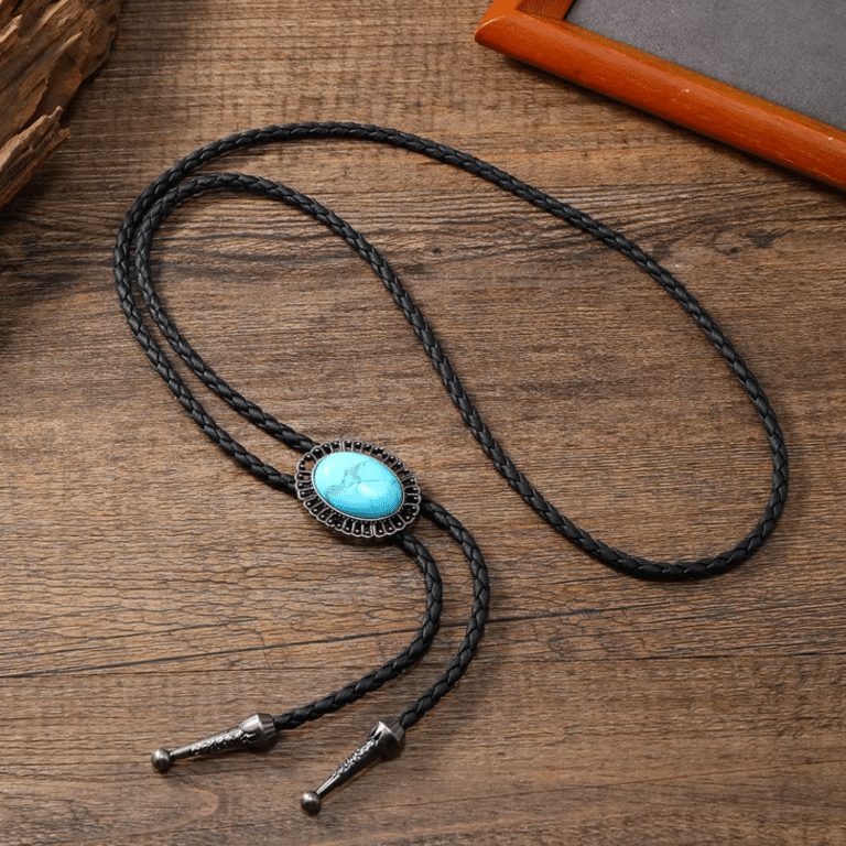 Cravate cowboy bolo tressée pierre turquoise ovale (3)