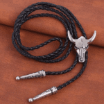 Cravate cowboy bolo tressée tête de taureau argentée (2)