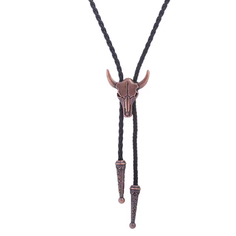 Cravate cowboy bolo tressée tête de taureau finition bronze (1)