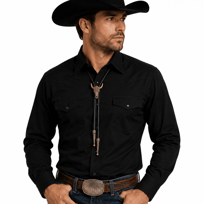 Cravate cowboy bolo tressée tête de taureau finition bronze (3)