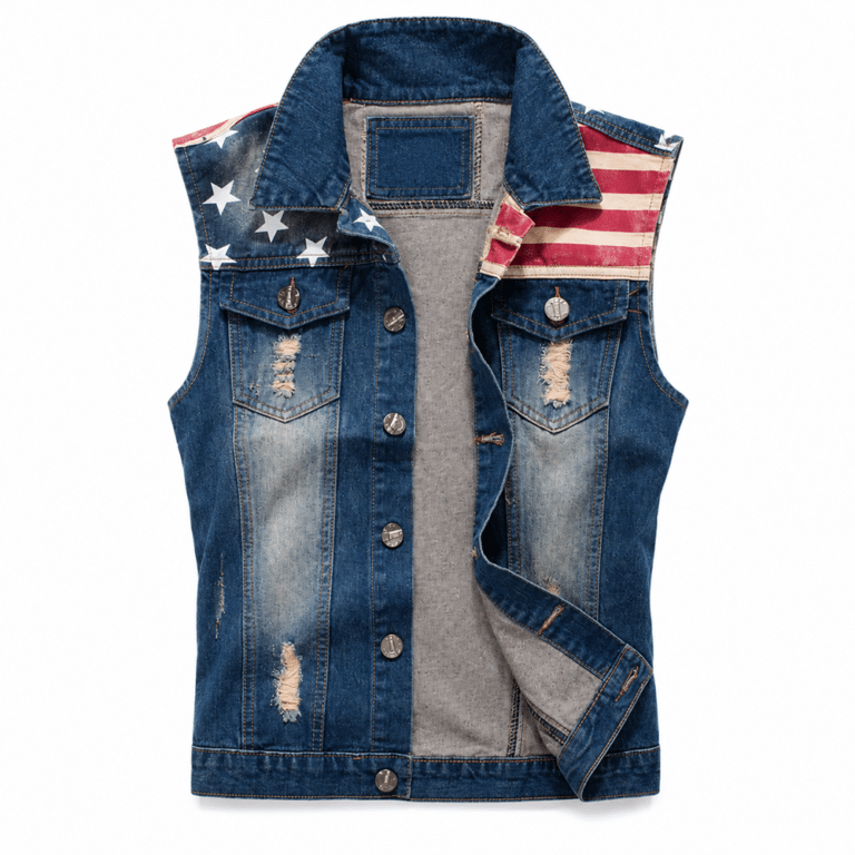Gilet en jean sans manche motif drapeau Américain (5)