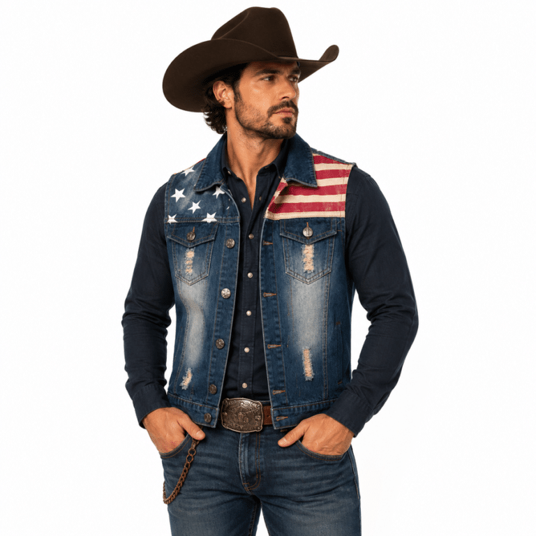 Gilet en jean sans manche motif drapeau Américain (7)