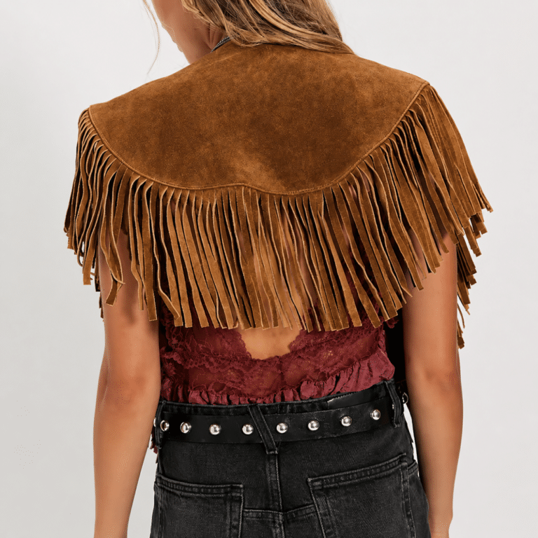 Gilet western franges marron épaules effet daim (1)