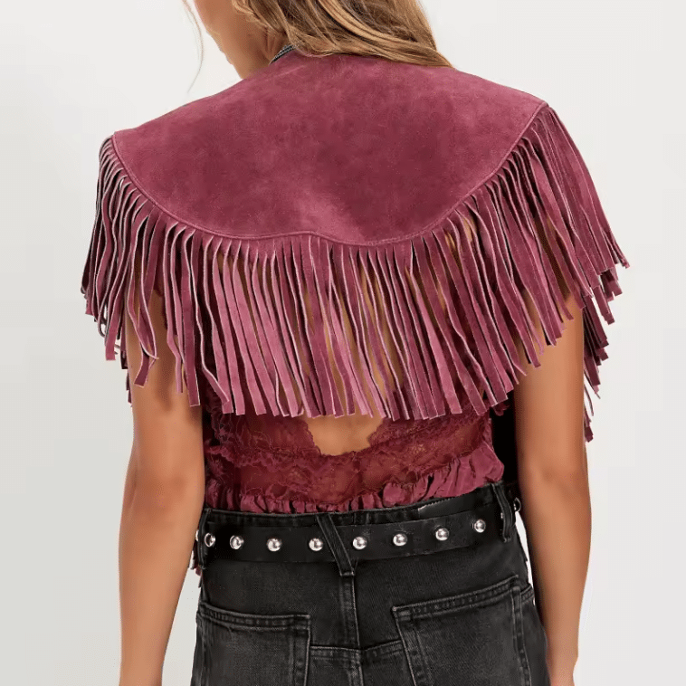Gilet western franges marron épaules effet daim (3)