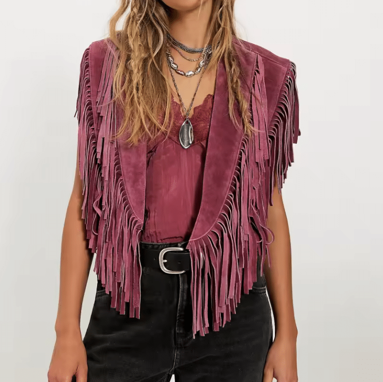 Gilet western franges marron épaules effet daim (4)