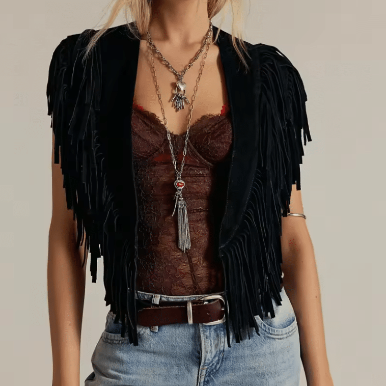 Gilet western franges marron épaules effet daim (5)