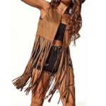 Gilet western franges marron long effet daim (1)
