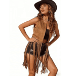 Gilet western franges marron long effet daim (5)