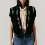 Gilet western franges noir clous argent effet daim (1)