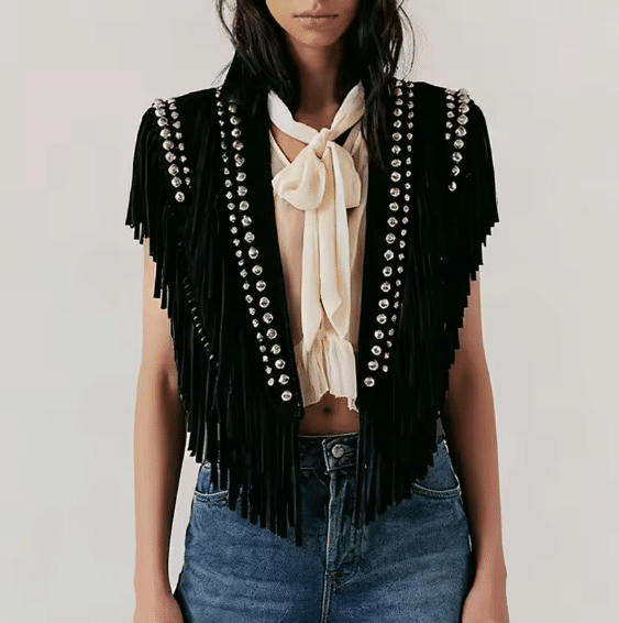 Gilet western franges noir clous argent effet daim (1)
