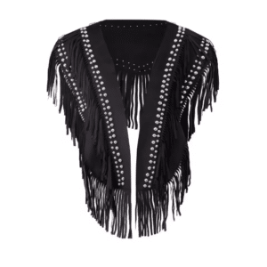 Gilet western franges noir clous argent effet daim