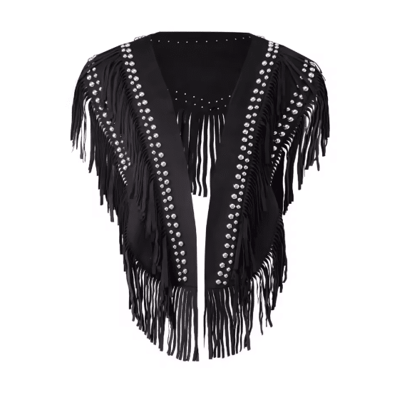 Gilet western franges noir clous argent effet daim (3)