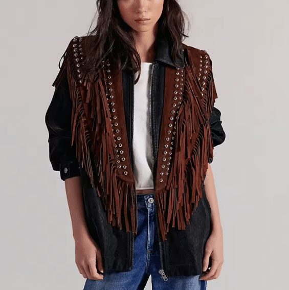 Gilet western franges noir clous argent effet daim (4)