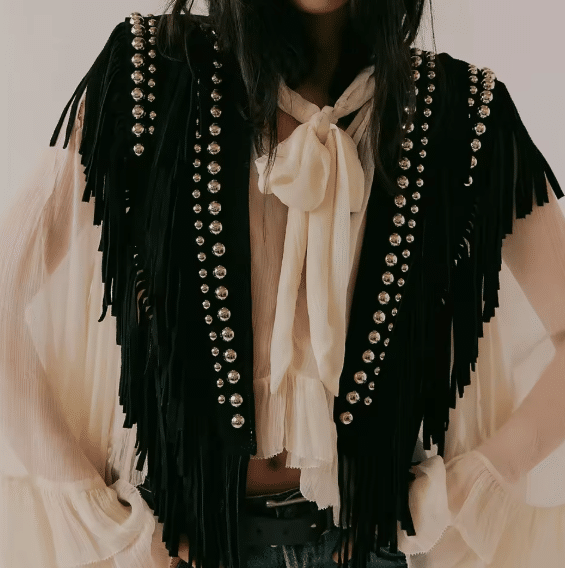 Gilet western franges noir clous argent effet daim (5)