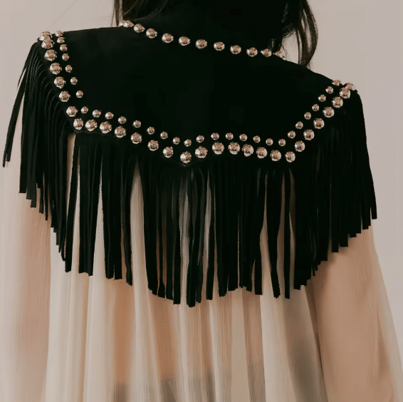Gilet western franges noir clous argent effet daim (6)