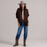 Gilet western franges noir clous argent effet daim (7)
