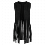Gilet western franges noir long effet daim