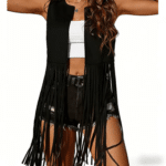 Gilet western franges noir long effet daim (3)